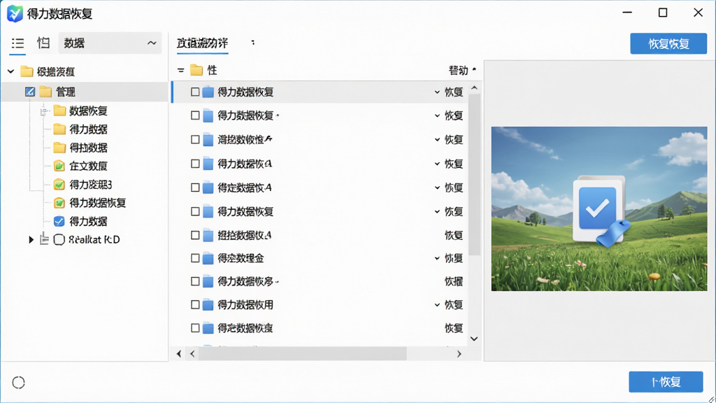 软件扫描结果界面,画面中左侧为文件目录树,中间为文件列表,右侧为图片预览窗口,顶部标注“得力数据恢复”,风格清爽简洁,细节包含文件勾选框与恢复按钮,画质清晰,无多余元素