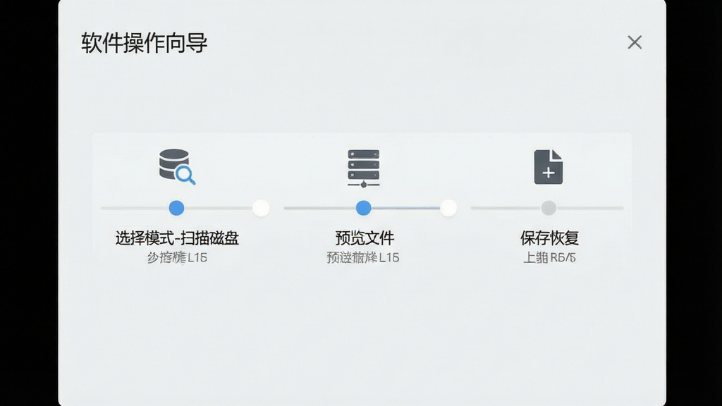 软件操作向导界面,画面中显示步骤条“选择模式-扫描磁盘-预览文件-保存恢复”,每个步骤配有图标与简短说明,背景为浅灰色,风格极简商务,细节清晰,画质干净,无多余元素