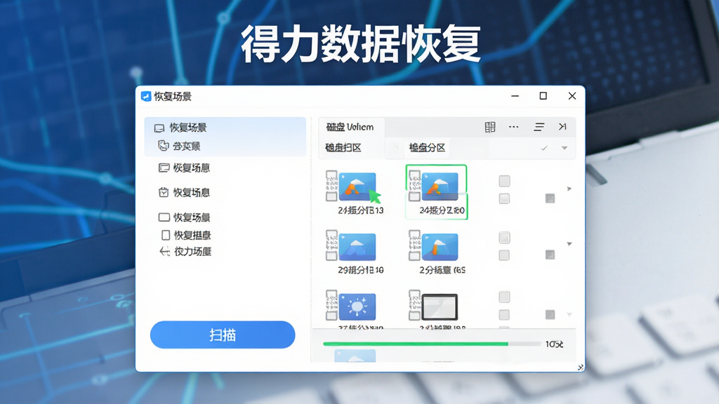 软件主界面全貌展示,标题文字“得力数据恢复”,画面中央为简洁的软件操作窗口,左侧列出恢复场景选项,右侧显示磁盘分区列表,整体布局清晰,风格为现代简约科技风,细节包含扫描按钮与进度条,画质干净清晰,无多余元素