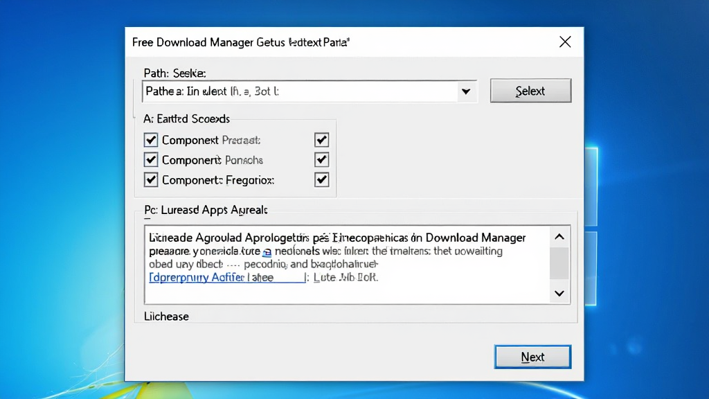 Free Download Manager ��װ�����򵼽����ͼ������Ϊ������װ�����е�ѡ�����ô��ڣ�����Ϊ���жԻ�����ʽ���Ű��࣬���ΪWindowsԭ����װ������ϸ�ڰ���·��ѡ��ť�������ѡ������Э�����֡���һ����ť�������������ɾ����޶���Ԫ��