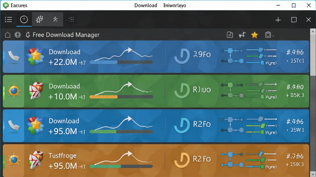 Free Download Manager ��Э�����ع���չʾͼ������Ϊ���������ж����������ͬʱ���еĳ��������ֲ����������е������б����Ű����룬���Ϊ�ִ��Ƽ���UI��ƣ�ϸ�ڰ�����ͬЭ��ͼ�ꡢ���������ٶ���ֵ�����߳�����ʾ��ͼ�������������ɾ����޶���Ԫ��