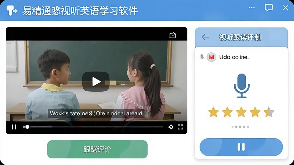 一张展示易精通视听英语学习软件(初中版)视听跟读功能的界面图,主体是视频播放窗口与跟读评分面板并列,布局为上方视频下方跟读按钮,排版直观,风格为教育类软件截图风格,细节包括英语对话字幕、麦克风图标、评分星级,画质清晰,干净,无多余元素