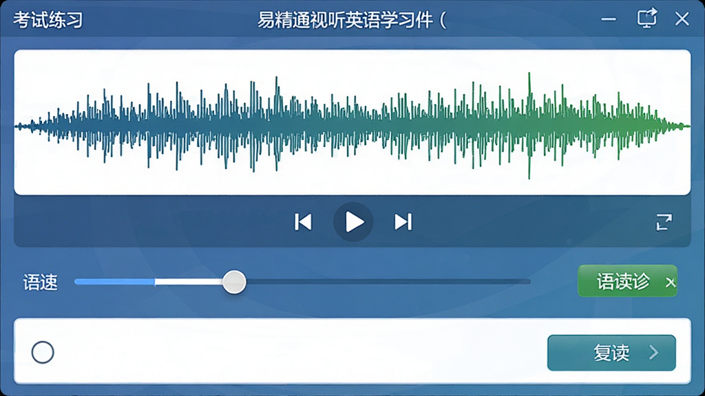 一张展示易精通视听英语学习软件(初中版)听力训练界面的预览图,主体是音频波形图与题目选项,布局为上方播放控制下方答题区,排版清晰,风格为考试练习系统风格,细节包括语速调节滑块、复读按钮、选项按钮,画质清晰,干净,无多余元素
