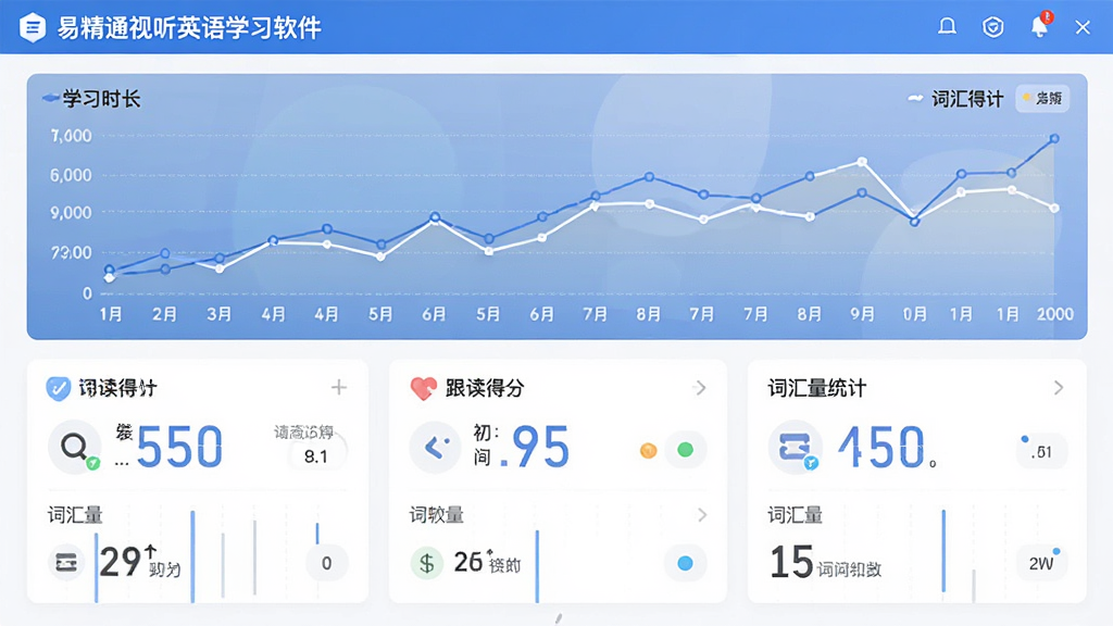 一张展示易精通视听英语学习软件(初中版)学习报告页面的界面图,主体是数据图表与统计卡片,布局为上方折线图下方数据列表,排版清晰,风格为简约数据看板风格,细节包括学习时长、跟读得分、词汇量统计,画质清晰,干净,无多余元素
