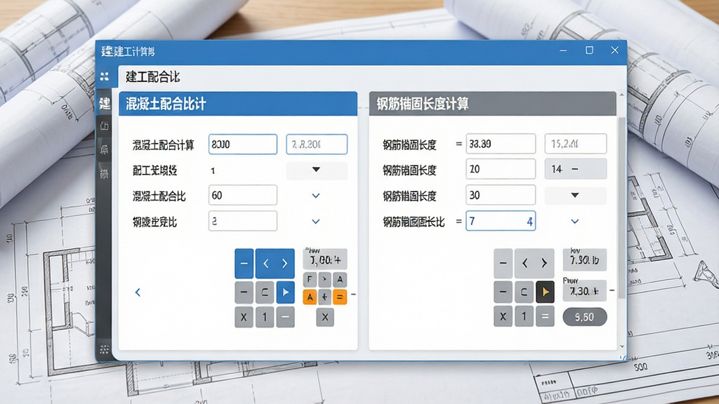 一张展示建工计算器功能界面的场景图,画面中软件窗口占据主体位置,屏幕上同时呈现混凝土配合比计算和钢筋锚固长度计算两个功能面板,数值输入框和计算结果清晰可见,界面风格为现代扁平化设计,配色以蓝白灰为主,背景为干净的工程图纸桌面,画质高清,细节丰富,无杂乱元素