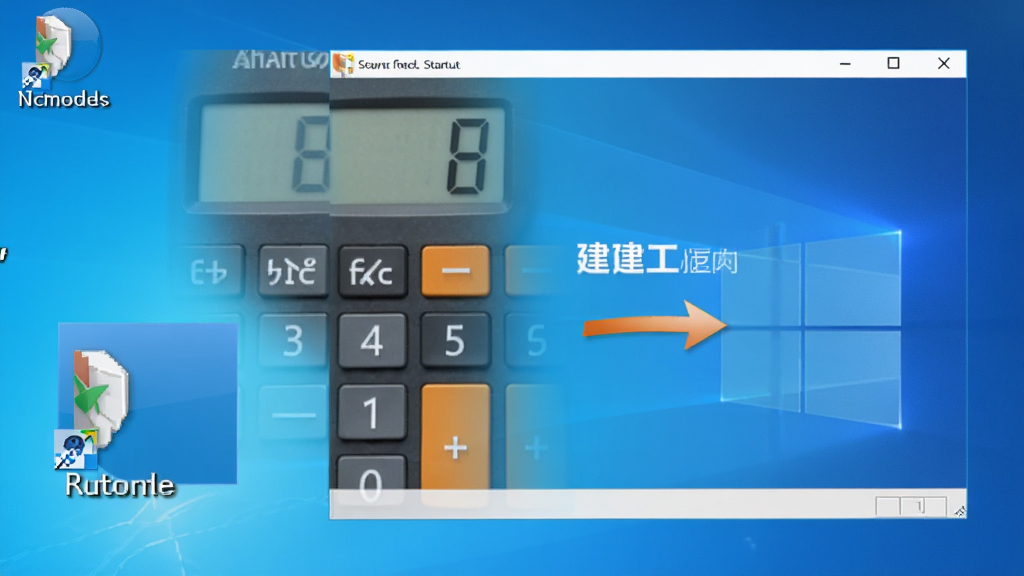一张展示建工计算器在Windows电脑上安装完成的桌面快捷方式图标及软件启动画面的场景图,画面中包含桌面图标特写和软件启动时的加载界面,背景为简洁的蓝色渐变,风格为写实软件截图风,画质清晰,无多余元素