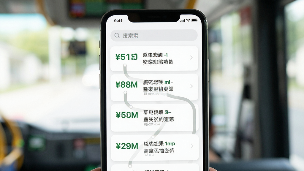 手机屏幕显示公交车一通行线路查询界面,列表中展示多条公交线路编号与途经站点,顶部有搜索框,背景为白色卡片式布局,风格清新简洁,画质清晰,无多余装饰