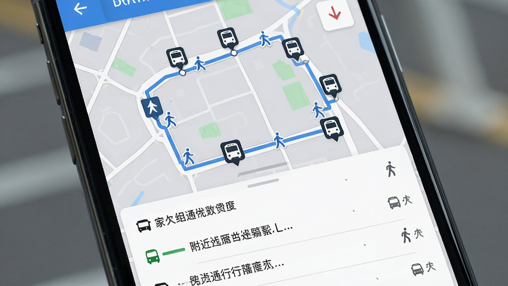 手机屏幕展示公交车一通行站点定位界面,地图上标注多个公交站点图标与步行路线,下方显示附近线路列表,背景为浅灰色地图底图,风格直观清晰,画质高清,无多余元素
