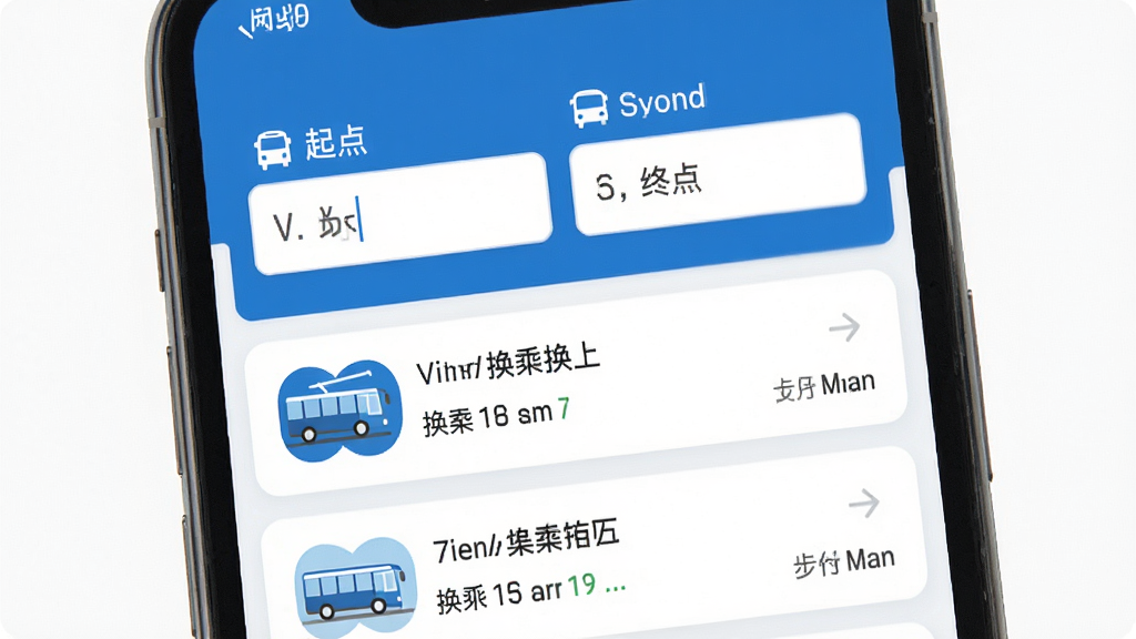 手机屏幕展示公交车一通行换乘查询结果页面,上方显示起点与终点输入框,下方列出换乘方案与步行距离,界面采用蓝色与白色配色,风格清晰易读,画质高清,干净无多余元素