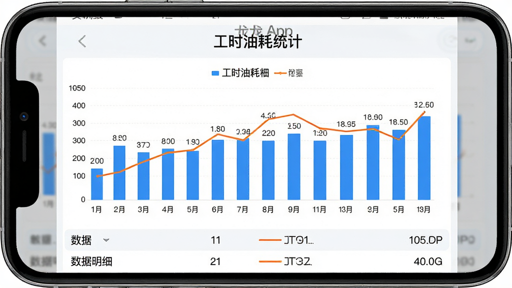 我的龙工App工时油耗统计图表界面图,画面主体为手机屏幕展示柱状图和折线图,布局为上方标题“工时油耗统计”,中部为图表区域,下方为数据明细列表,风格为简洁商务风,细节包括蓝色柱状条、橙色折线、数值标注,画质高清,干净,无多余元素