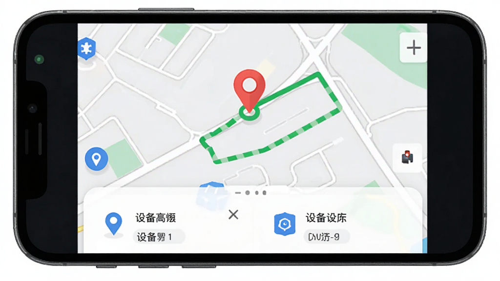 我的龙工App设备定位功能界面图,画面主体为手机屏幕显示地图界面,地图上有红色定位标记和行驶轨迹线,布局以上下结构展示,上方为地图区域,下方为设备信息卡片,风格为扁平化科技风,细节包括蓝色定位图标、绿色轨迹线条、设备名称标签,画质高清,干净,无多余元素