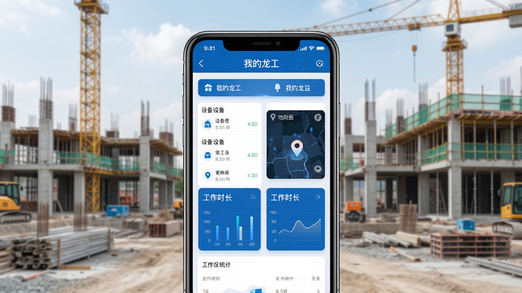 我的龙工App主界面展示图,画面中央是一部智能手机,屏幕显示“我的龙工”应用首页,包含设备列表、地图定位、工作时长统计卡片,背景为整洁的工地场景,布局清晰,排版简洁,风格现代科技感,细节包括蓝色主题色、图标按钮、数据图表,画质高清,干净,无多余元素