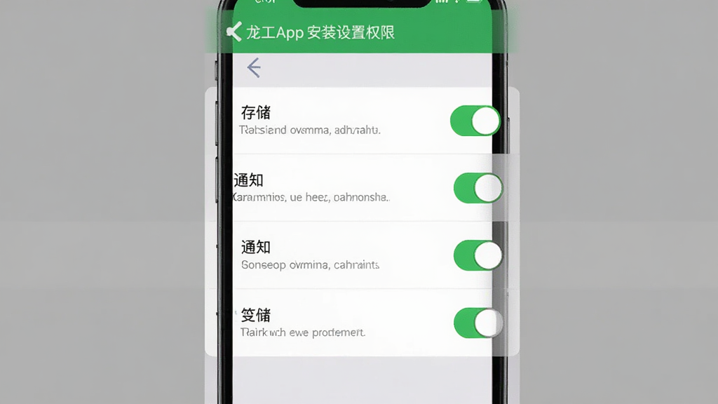 我的龙工App安装设置权限界面图,画面主体为手机屏幕显示权限管理页面,布局为纵向排列定位、存储、通知等权限开关,风格为系统设置风,细节包括绿色开启状态、灰色关闭状态、权限说明文字,画质高清,干净,无多余元素