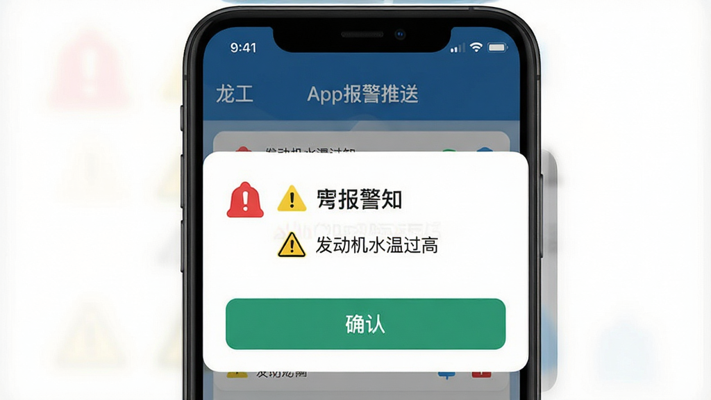 我的龙工App故障报警推送界面图,画面主体为手机屏幕显示报警通知弹窗,布局为顶部状态栏、中部报警内容卡片、底部确认按钮,风格为警示提醒风,细节包括红色报警图标、黄色警示三角、文字说明“发动机水温过高”,画质高清,干净,无多余元素