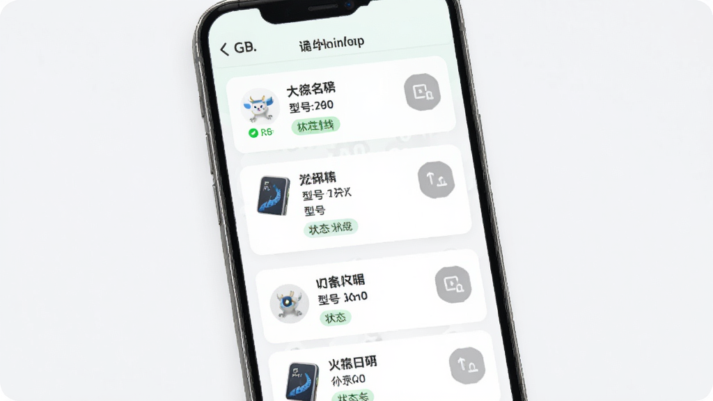 我的龙工App多设备管理列表界面图,画面主体为手机屏幕展示设备卡片列表,布局为纵向排列多个设备信息卡片,每个卡片包含设备名称、型号、状态标签,风格为清新浅色风,细节包括绿色在线标识、灰色离线标识、设备缩略图,画质高清,干净,无多余元素
