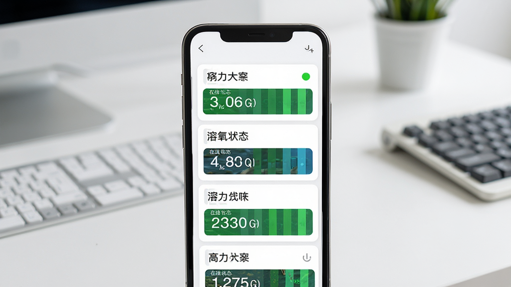 高力合多设备管理界面,手机屏幕显示多个池塘设备卡片列表,每个卡片包含设备名称、在线状态、溶氧数值,背景是整洁的办公桌面,主体为手机与设备列表,布局分栏清晰,排版规整,风格简约商务,细节包含绿色在线标识、数值色块,画质高清,干净,无多余元素