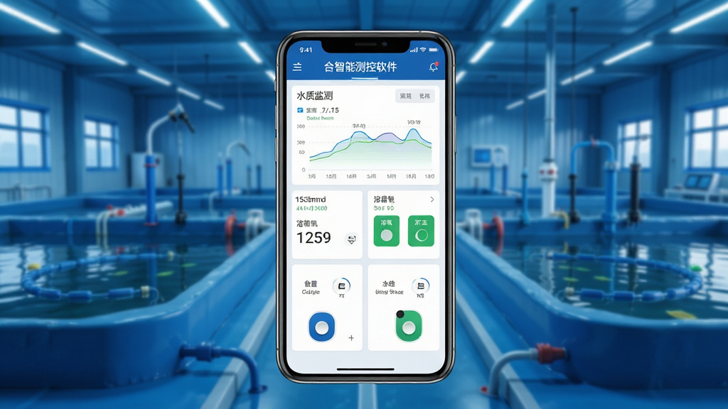 高力合智能测控软件主界面展示,画面中央是一部智能手机,屏幕显示水质监测数据仪表盘与设备控制开关,背景是现代化水产养殖基地,蓝色科技风格,主体清晰,布局居中,排版简洁,风格写实科技感,细节包含数据曲线、溶氧数值、设备状态图标,画质高清,干净,无多余元素