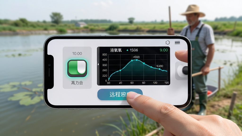 高力合App移动端操作界面特写,手机屏幕显示设备控制开关与溶氧曲线图,手指正在点击远程控制按钮,背景是养殖户手持手机在池塘边,主体为手机与手指动作,布局居中,排版简洁,风格写实,细节包含开关按钮高亮、曲线图、数值标签,画质高清,干净,无多余元素