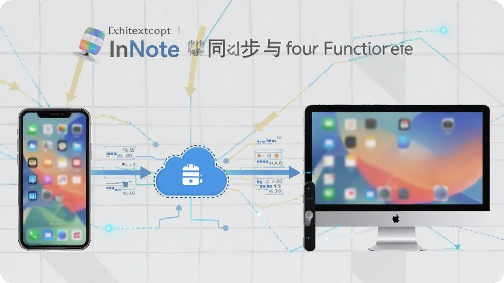 一张展示InNote数据同步与备份功能的示意图,画面左侧为手机,右侧为平板与电脑,中间以云朵图标连接,数据流向清晰,背景为科技感浅灰网格,风格专业,画质清晰,干净利落