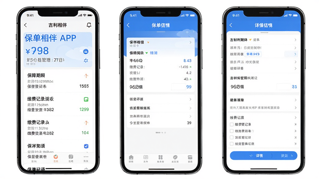吉利相伴APP保单管理界面展示,手机屏幕显示保单列表与详细信息页面,包含保障期限、缴费记录等数据,界面配色以白色和蓝色为主,布局清晰,风格商务简洁,画质高清,干净无多余元素