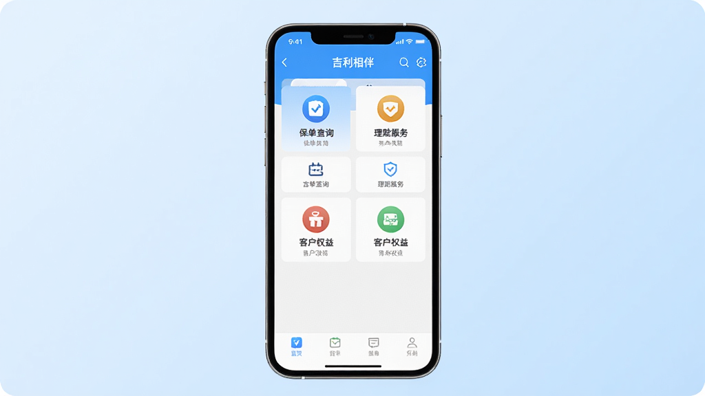 吉利相伴手机APP主界面展示,画面中央是一部智能手机,屏幕显示吉利相伴应用首页,包含保单查询、理赔服务、客户权益等模块图标,背景为淡蓝色渐变,整体风格简洁清爽,布局整齐,UI设计现代,画质高清,干净无多余元素