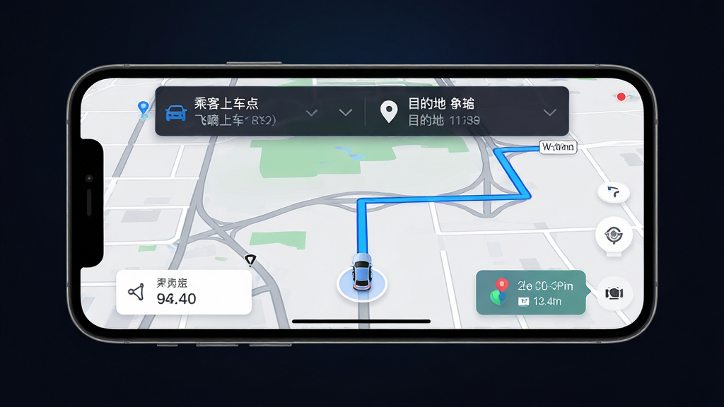 �������˾�����г̵������棬��������Ϊ�ֻ�������ʾ������ͼ����ͼ������ɫ·��ָ���ͳ�����λͼ�꣬��Ļ�Ϸ���ʾ�˿��ϳ����Ŀ�ĵ���Ϣ������Ϊ�ֻ����к�ţ�����Ϊ��ɫ���䣬�Ű��࣬���Ϊ�Ƽ���UIչʾ��ϸ�ڰ���·�߸�����·����ɫ��ʶ������ʱ�俨Ƭ�����ʸ��塢����ɾ����޶���Ԫ��