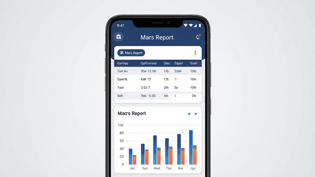 һ��չʾMars Report������������ֻ�����ͼ������������һ��������׿�ֻ�����Ļ����ʾMars ReportӦ�ý��棬�������ݱ������״ͼ����������ɫ�������Ͱ�ɫΪ�������ּ������������Ϊǳ��ɫ���䣬���Ϊ�ִ�����Ƽ��磬ϸ�ڰ���ͼ��Բ�ǡ�����������ͼ��ɫ�����������ʸ��壬�ɾ����޶���Ԫ��