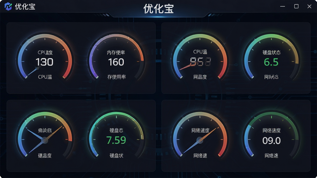 一张展示优化宝硬件监测功能的图片,画面为软件界面中的仪表盘面板,顶部标注