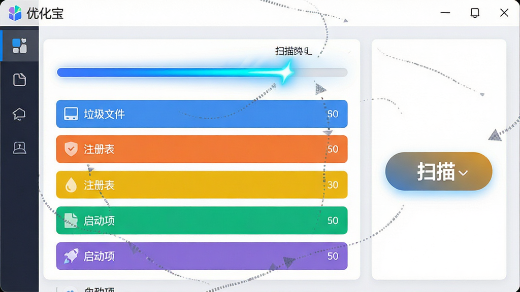 一张展示优化宝智能扫描功能的图片,画面主体是软件界面中的扫描进度条与结果列表,界面顶部显示