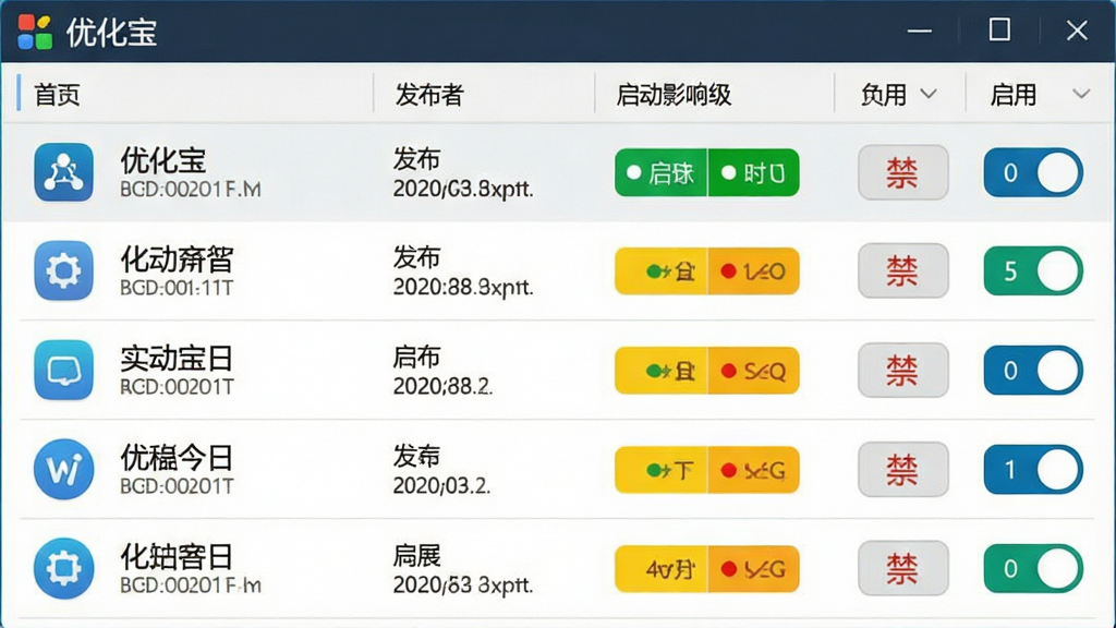 一张展示优化宝启动项管理功能的图片,画面为软件界面中的启动项列表,顶部标注
