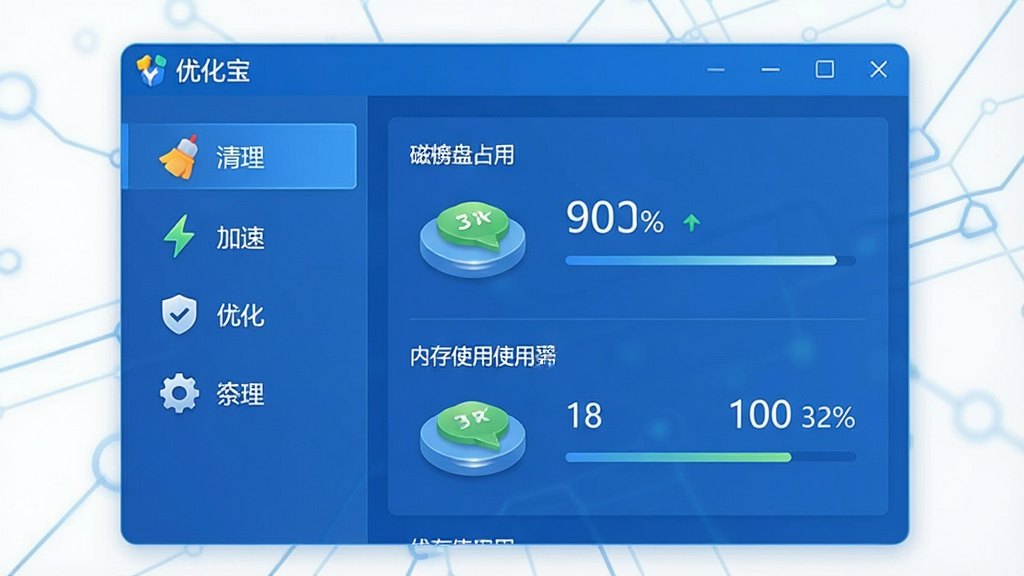 一张展示优化宝软件主界面的图片,画面中央是软件窗口,窗口标题写着