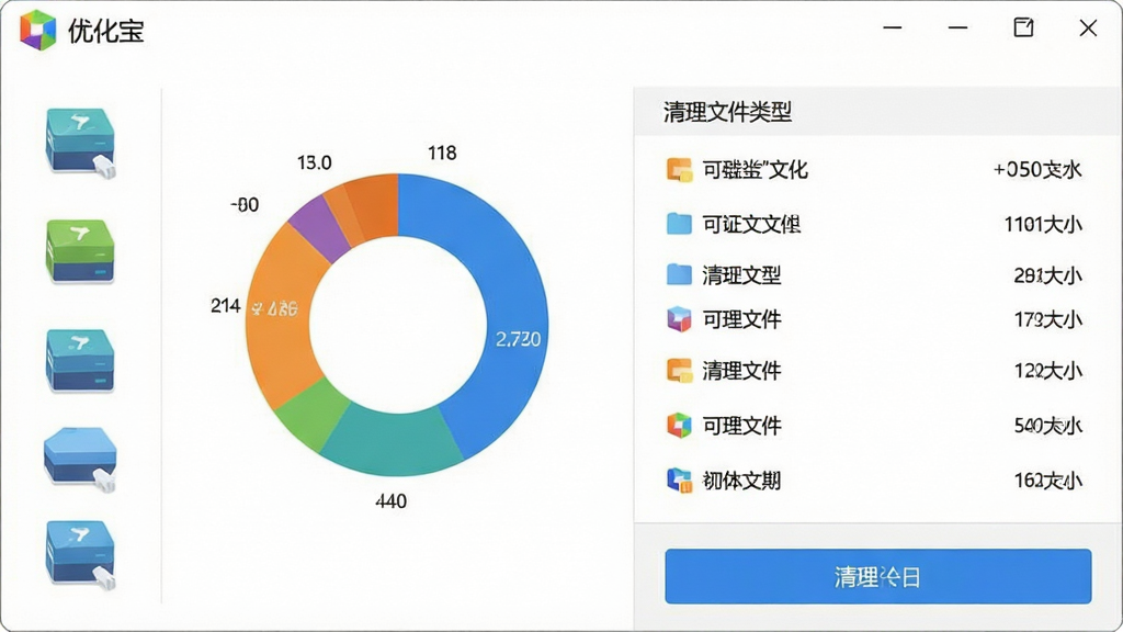 一张展示优化宝磁盘清理功能的图片,画面主体是软件界面中的磁盘空间分布图与清理选项列表,界面顶部显示
