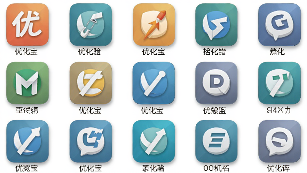 一张展示多款系统优化软件图标的图片,画面中央排列着优化宝与其他同类软件的图标,每个图标下方标注软件名称,布局采用网格排列,风格为扁平化设计,细节上图标带有轻微阴影,画质清晰,干净,无多余元素