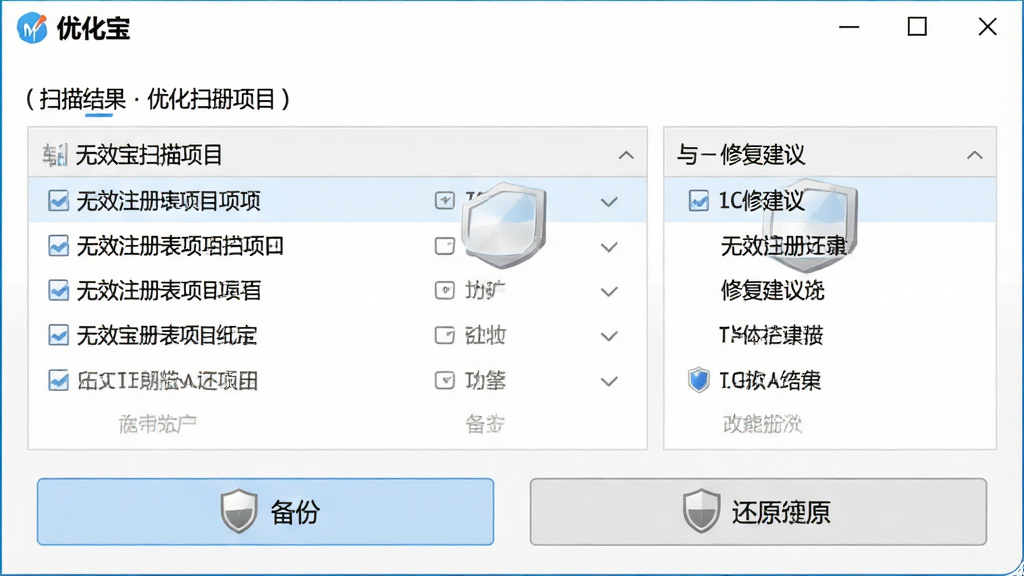 一张展示优化宝注册表修复功能的图片,画面主体是软件界面中的注册表扫描结果与备份选项,顶部显示