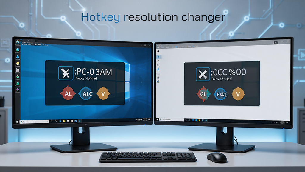 �������ơ�Hotkey resolution changer������ʾ�����ó���������չʾ��̨��ʾ�����Űڷţ�ÿ̨��ʾ����Ļ����ʾ��ͬ�ķֱ��ʲ������ݼ���ʾ������Ϊ���������������������ҶԳƣ��������Ƽ��У�ϸ�ڰ�����ʾ���߿򡢷ֱ�����ֵ��ǩ����ݼ����ͼ�꣬���ʸ��壬�ɾ����޶���Ԫ��