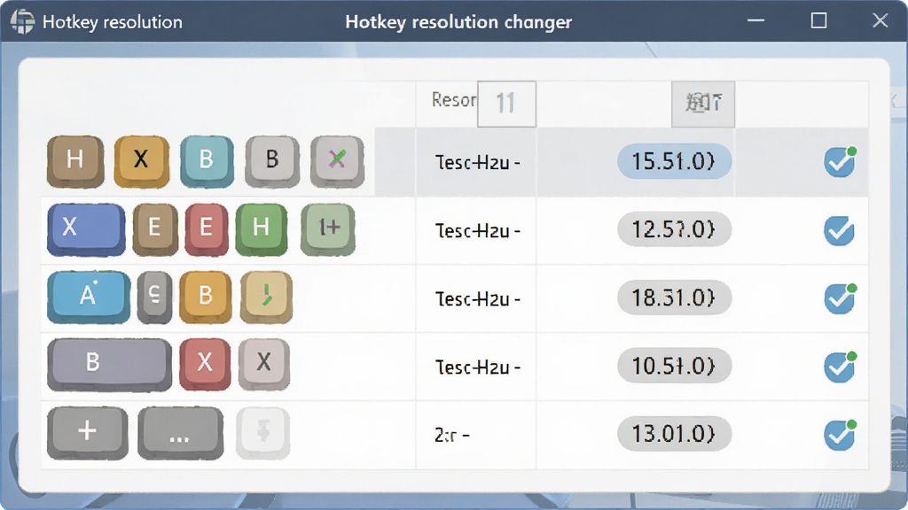 �������ơ�Hotkey resolution changer�������ͼ��񣬻�������չʾһ�����̰��������ֱ�����ֵһһ��Ӧ�����ñ��������ǿ�ݼ�����壬���ֲ��þ��жԳ��Ű棬�����ˬ��ƽ����ϸ�ڰ�����ɫ����ͼ�ꡢ�ֱ������ֱ�ǩ����ѡ״̬��ʶ�������������ɾ����޶���Ԫ��