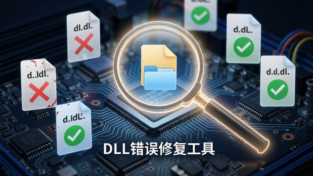 AI生图,画面展示一个发光的放大镜正在扫描电脑主板上的文件图标,放大镜下方清晰显示“DLL错误修复工具”字样,周围漂浮着.dll后缀的文件卡片,部分卡片显示红色叉号表示损坏,部分显示绿色对勾表示正常,布局采用中心放射状,风格科技感强,细节包含电路纹理与柔和光晕,画质高清,干净无多余元素。