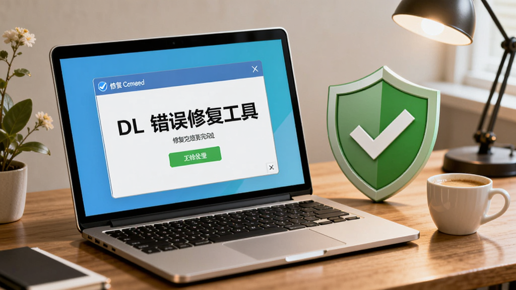 AI生图,画面展示一台笔记本电脑屏幕显示“DLL错误修复工具”的修复完成界面,屏幕旁边放置一个打勾的绿色盾牌和一杯咖啡,布局为斜角45度视角,风格温馨办公,细节包含木质桌面纹理与柔和灯光,画质清晰,干净无多余元素。