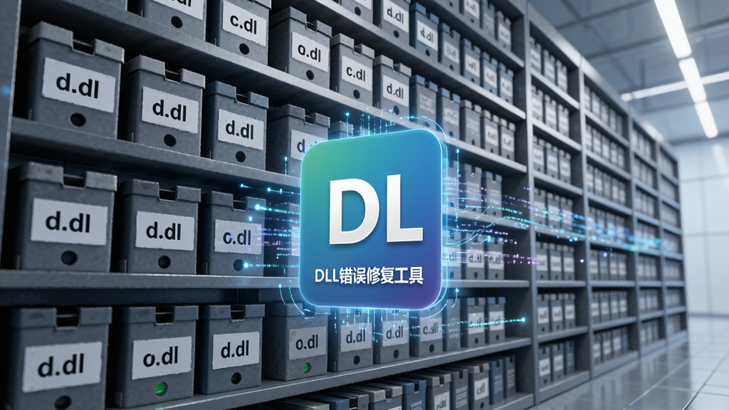 AI生图,画面展示一个巨大的虚拟图书馆书架,书架上整齐排列着带有.dll标签的文件盒,书架前方悬浮着“DLL错误修复工具”的软件图标,布局采用透视纵深构图,风格现代科技,细节包含发光的数据流与清晰的文字标签,画质精细,干净无多余元素。