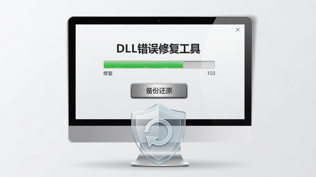 AI生图,画面中央是一台电脑屏幕,屏幕上显示“DLL错误修复工具”的修复进度条与备份还原按钮,屏幕前方放置一个半透明的盾牌与回转箭头图标,代表安全与还原,布局为左右对称,风格商务简约,细节包含金属质感按钮与柔和阴影,画质清晰,干净无多余元素。
