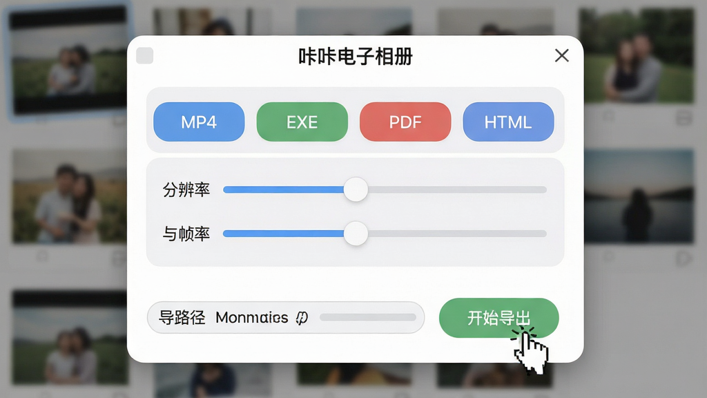 一张展示“咔咔电子相册”导出功能的图片,主体为软件导出设置对话框,布局上方为格式选择按钮(MP4、EXE、PDF、HTML),中间为分辨率与帧率滑块,下方为导出路径与进度条,排版紧凑合理,风格为柔和圆角设计,细节包含鼠标点击“开始导出”按钮、背景有模糊的照片缩略图,画质为高清、干净无多余元素
