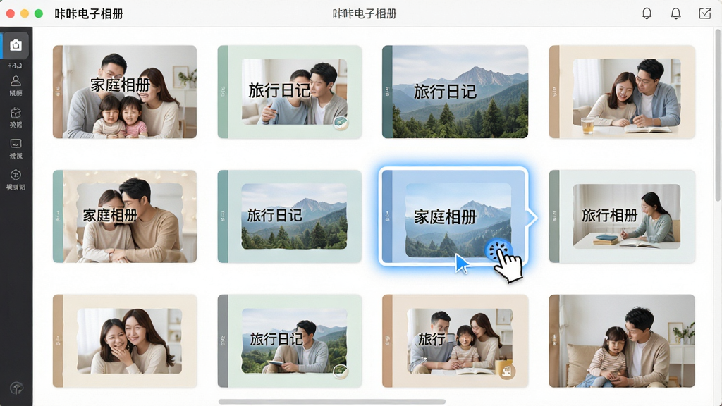 一张展示“咔咔电子相册”模板库的图片,主体为软件界面中的模板选择页面,布局采用网格排列展示多个相册模板缩略图,排版为三行四列,风格为清新浅色系,细节包含模板封面带有“家庭相册”“旅行日记”等文字标签、鼠标选中其中一个模板高亮显示,画质为高清、干净无多余元素