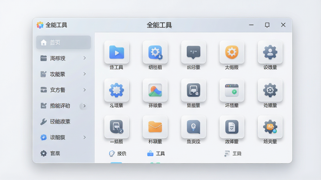 一张展示全能工具软件主界面的预览图,画面中央为软件窗口,左侧是功能分类导航栏,右侧是常用工具图标网格,窗口上方标题栏写着“全能工具”,整体布局规整,排版清晰,风格为现代简约科技风,细节包含图标阴影、半透明磨砂效果,画质高清,画面干净,无多余元素。