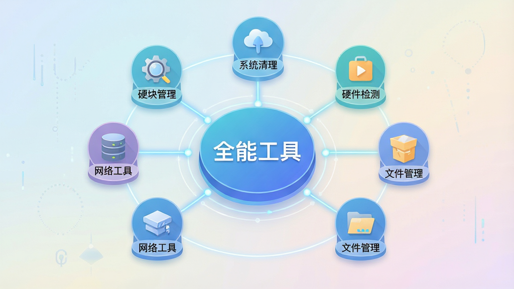 一张展示全能工具功能模块聚合的示意图,画面以软件名称“全能工具”为中心,周围环绕系统清理、硬件检测、文件管理、网络工具等图标模块,布局呈放射状,排版对称,风格为扁平化科技插画,细节包含发光连接线、柔和渐变背景,画质高清,画面干净,无多余元素。