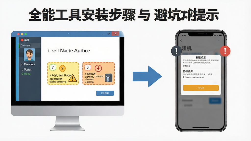 一张展示全能工具安装步骤与避坑提示的示意图,画面左侧为电脑端安装向导窗口,右侧为手机端权限设置界面,中间用箭头连接,布局左右对照,排版清晰,风格为教程图解,细节包含高亮标注框、警告图标、步骤数字编号,画质高清,画面干净,无多余元素。