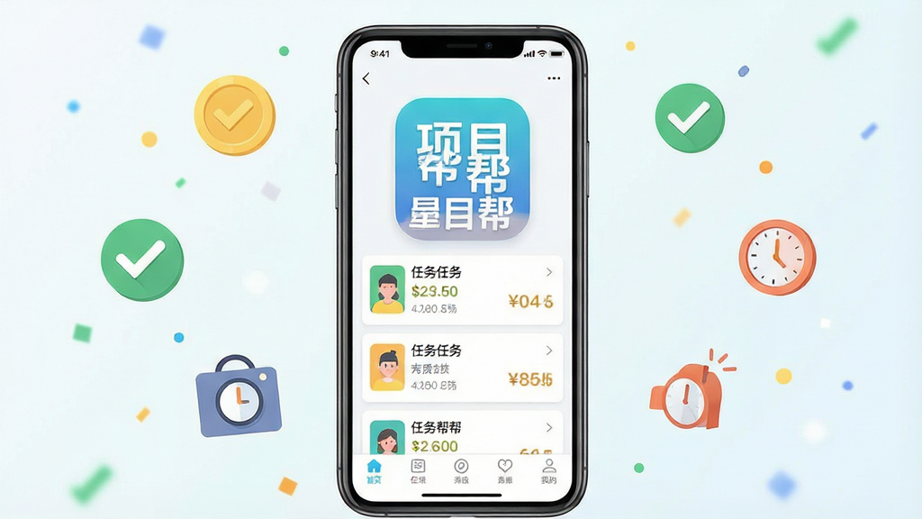 一张手机屏幕展示任务接单类App界面的图片,画面中央是手机正视图,屏幕内显示