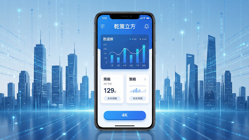 画面中央放置一部智能手机,屏幕上显示“乾策立方”应用主界面,界面中包含数据图表与策略卡片,背景为现代城市天际线与数据流线条交织,整体采用科技蓝与白色为主色调,布局简洁大气,风格为扁平化商务科技风,细节上突出图表清晰、按钮立体感,画质为4K超清、干净无多余元素