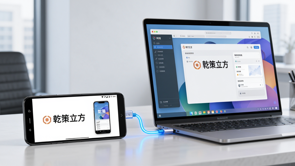 画面展示一部横向放置的安卓手机与一台笔记本电脑并排,手机屏幕显示“乾策立方”移动端界面,电脑屏幕显示同一账号的桌面端界面,两者之间用发光的数据线连接,背景为简约办公室桌面,风格为清新商务风,细节上突出设备同步与界面一致性,画质为4K超清、干净无多余元素