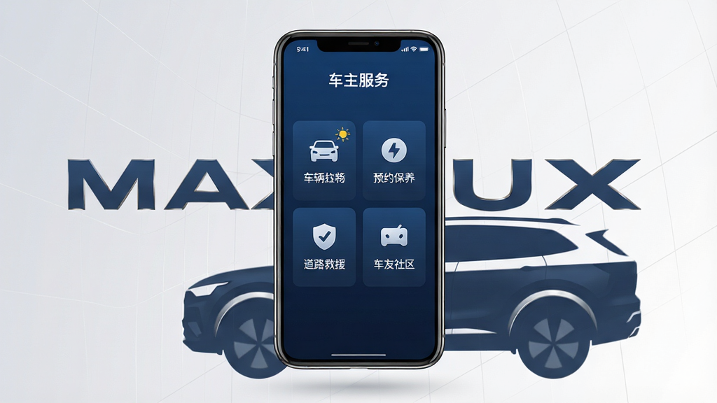 一张展示大通汽车手机APP界面的概念图,主体为一部竖屏智能手机悬浮在画面中央,屏幕内显示深蓝色调的车主服务首页,包含车辆控制、预约保养、道路救援、车友社区四个功能入口图标。手机周围环绕着大通品牌标志性的MAXUS字母标识和一辆流线型SUV轮廓剪影。布局采用居中对称构图,背景为浅灰渐变到白色的柔和过渡。风格为现代科技感扁平化设计,细节上手机边缘有细腻的高光反射,背景有若隐若现的网格线条。画质为高清4K,画面干净,无多余元素。
