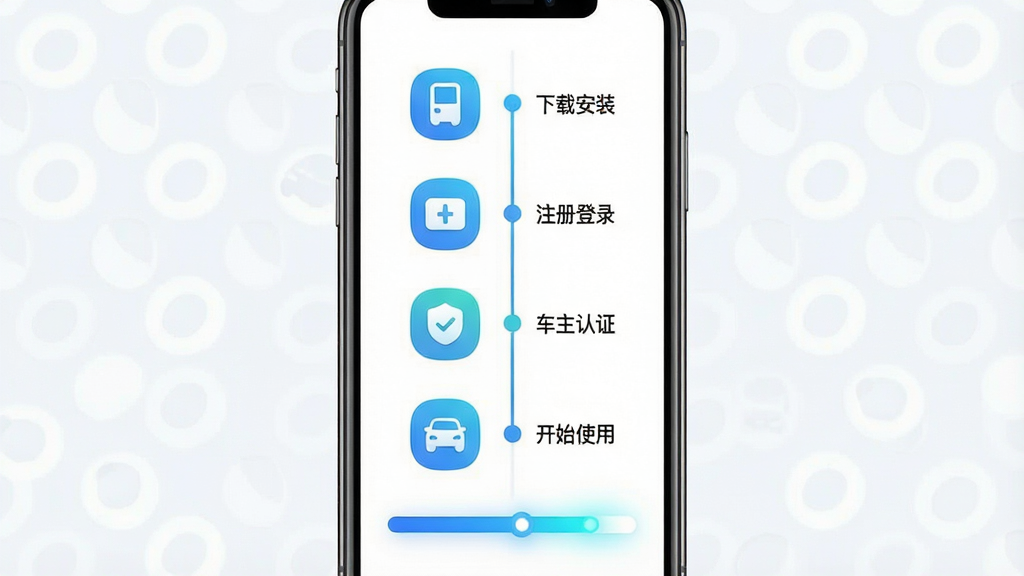 一张展示大通汽车APP新手操作引导页面的概念图,主体为一部智能手机竖屏显示四步操作流程图,每一步配有小图标和简短文字说明,分别为下载安装、注册登录、车主认证、开始使用。手机下方有蓝色进度条指示当前步骤。布局采用纵向时间轴排版,手机居中。风格为简洁明快的扁平化设计,细节上图标有圆角处理,进度条有渐变光效。画质为高清4K,画面干净,无多余元素。